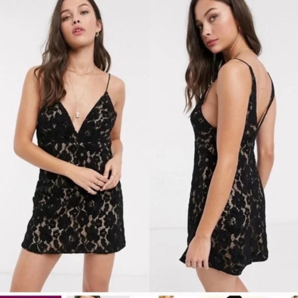 Free People Dangerous Love NYE Holiday Casual Chic Black Lace Mini Dress Size‎